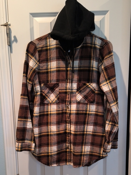 No Boundaries Tops - No Boundaries Brown Plaid Shirt Jacket with Black Hood